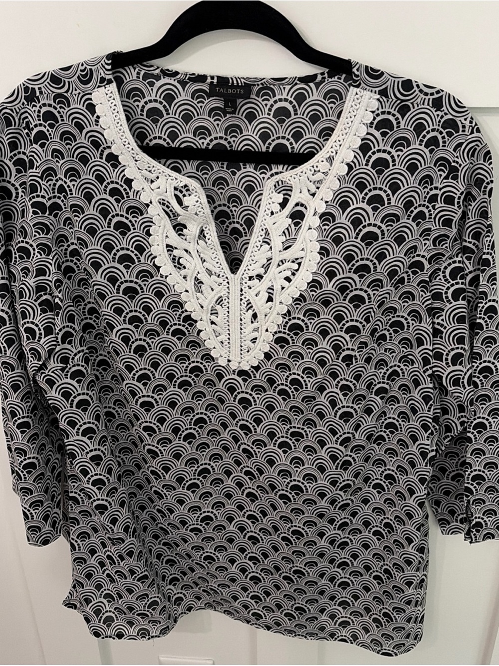 Talbots Black & White Patterned Tunic with White Embroidered Yoke